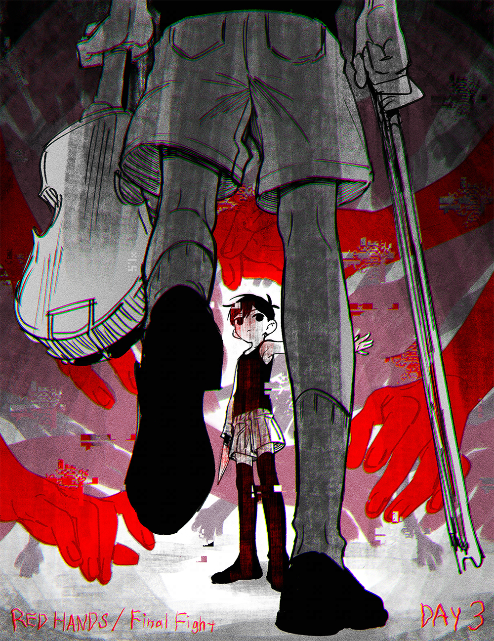 2boys abstract_background arms_at_sides battle black_eyes black_footwear black_hair black_tank_top black_thighhighs chromatic_aberration commentary_request distortion dual_persona duel expressionless fighting_stance ghost_hands glitch highres holding holding_instrument holding_knife instrument kneehighs knife limited_palette loafers male_focus multiple_boys no_shoes omori omori_(omori) out_of_frame outstretched_arm shoes short_hair shorts socks standing striped_clothes striped_shorts sunny_(omori) tank_top thighhighs toastytoast violin walking white_shorts white_socks