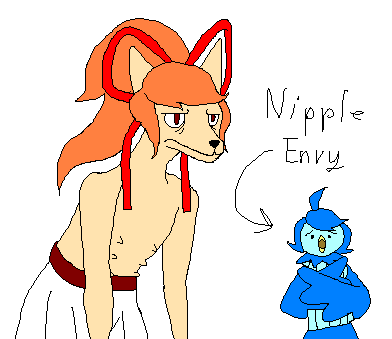 annoyed anonymous_artist anthro avian bare_chest beak bird canid canine ceroba_(undertale_yellow) duo female flat_chested fox low_res mammal martlet_(undertale_yellow) multi_nipple nipples snout text undertale_(series) undertale_yellow