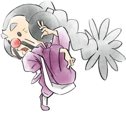 1boy black_eyes chinese_clothes facial_hair fighting_stance from_side grey_hair long_hair lowres martial_arts master_mantis mustache official_art old old_man open_mouth pants purple_footwear purple_pants red_nose takeuchi_kou third-party_source warioware warioware:_get_it_together!