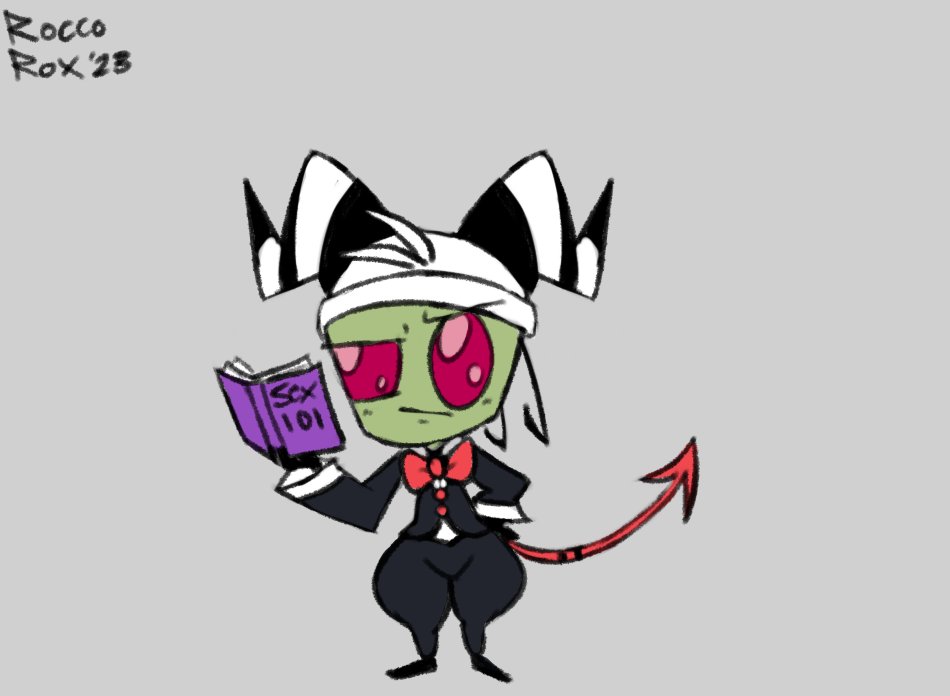 2023 alien alien_humanoid black_bottomwear black_clothing black_pants black_suit book bottomwear bow_tie clothing costume digital_drawing_(artwork) digital_media_(artwork) green_body hand_on_hip helluva_boss holding_book holding_object humanoid invader_zim irken looking_at_viewer male nickelodeon pants red_eyes roccorox signature solo standing suit thick_thighs zim_(invader_zim)
