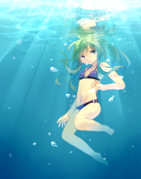 barefoot bikini blue_eyes freediving green_hair kagerou_project kido_tsubomi long_hair solo swimming swimsuit ukata underwater