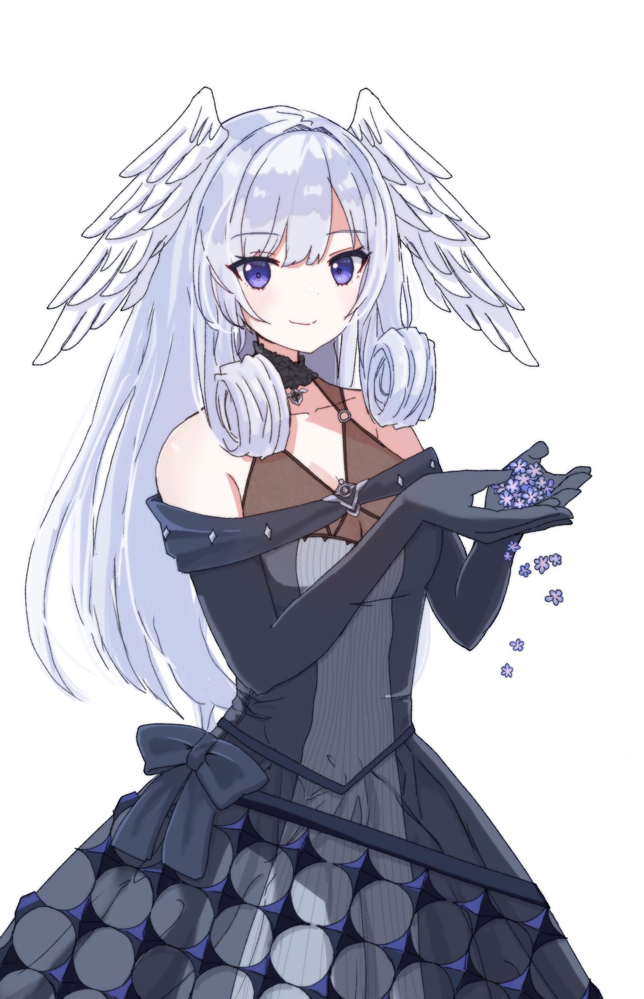 1girl bare_shoulders black_bow black_dress black_gloves bow breasts character_request check_character cleavage closed_mouth collarbone dress elbow_gloves feathered_wings flower gloves grey_hair hands_up head_wings highres long_hair medium_breasts melia_antiqua mo_equal_pu purple_eyes purple_flower see-through see-through_cleavage simple_background smile solo very_long_hair white_background white_wings wings xenoblade_chronicles_(series) xenoblade_chronicles_1