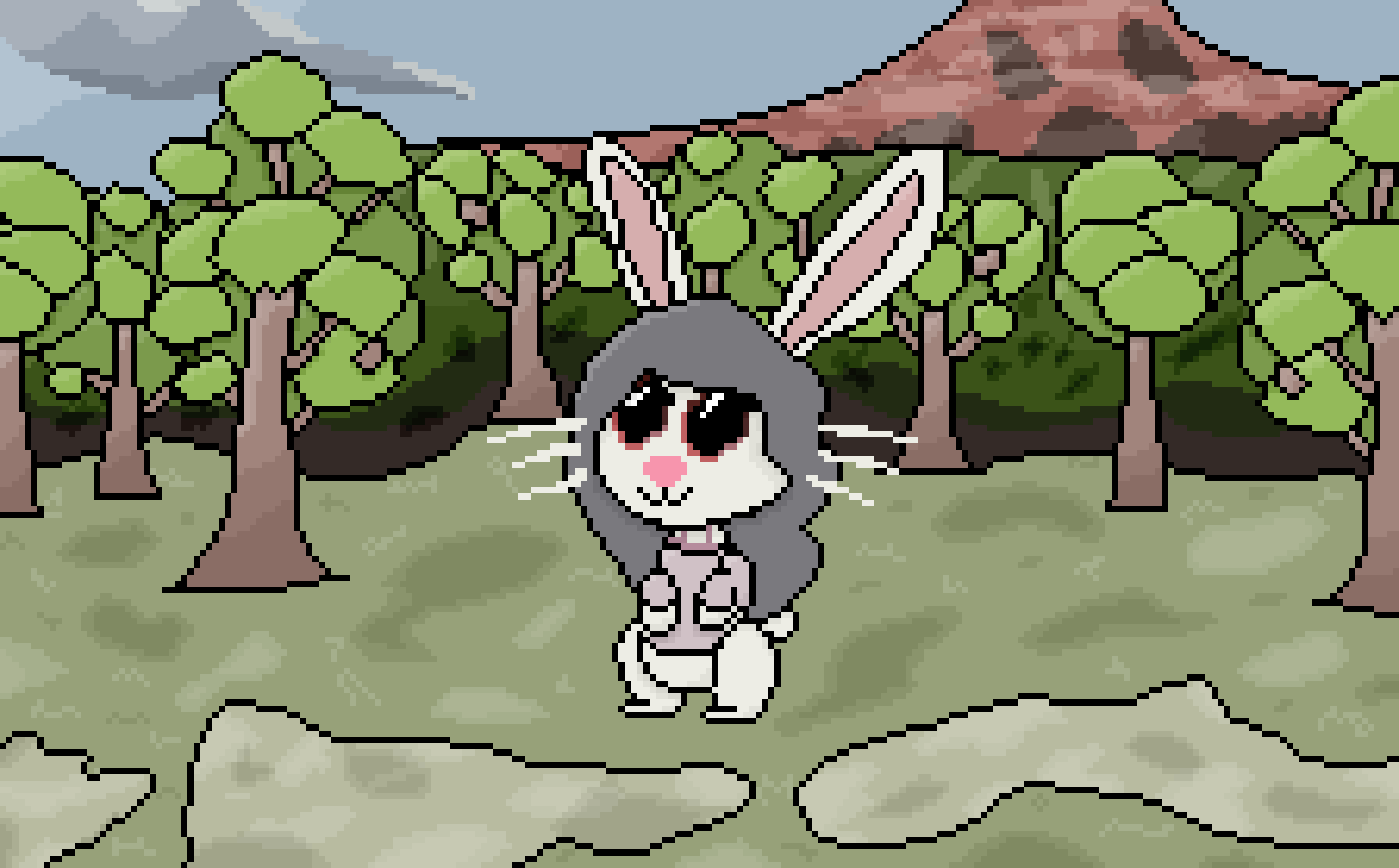 clothing detailed_background digital_drawing_(artwork) digital_media_(artwork) emiko female fur grey_hair hair hi_res kilgorio lagomorph leporid long_ears mammal owo pink_clothing pixel_(artwork) plant rabbit smile solo tail tree white_body white_fur