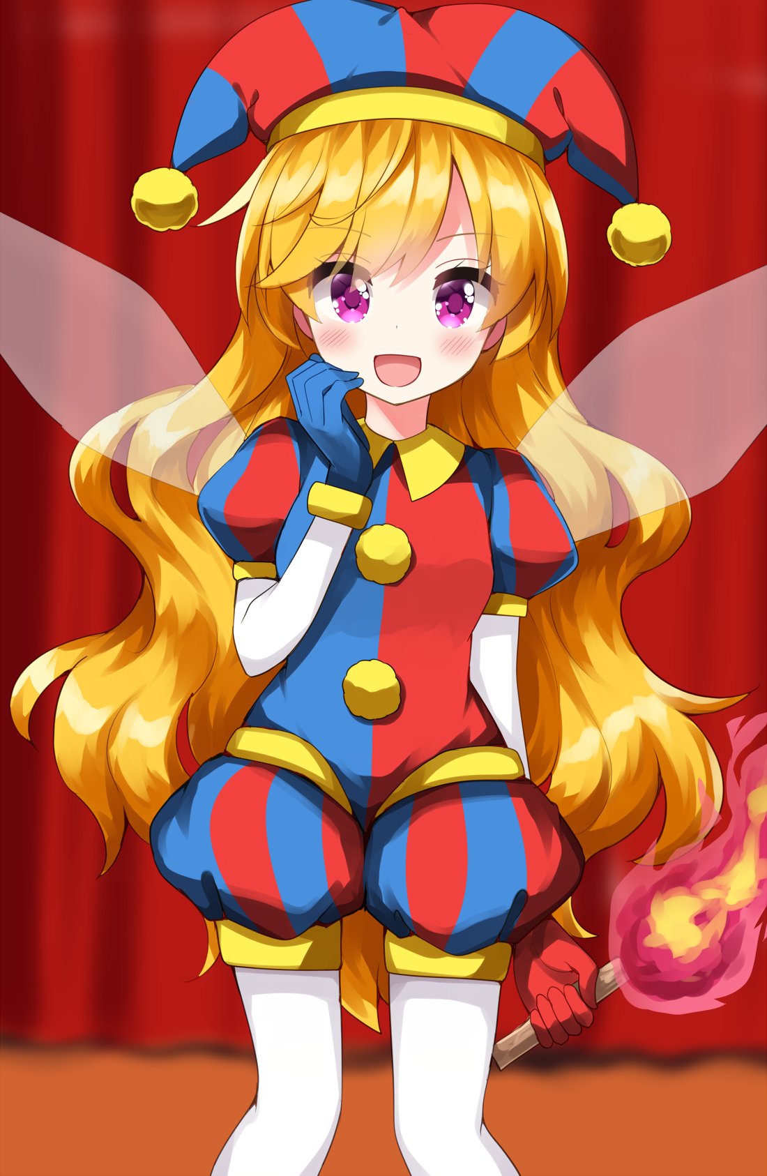 1girl :d blonde_hair blue_gloves blue_headwear blurry blurry_background blush clownpiece cosplay cowboy_shot eyes_visible_through_hair fire gloves hand_to_own_mouth hand_up hat highres holding holding_torch jester jester_cap jester_costume long_hair looking_at_viewer open_mouth pantyhose pomni_(the_amazing_digital_circus) pomni_(the_amazing_digital_circus)_(cosplay) puffy_short_sleeves puffy_sleeves purple_eyes red_gloves red_headwear ruu_(tksymkw) short_sleeves smile solo standing the_amazing_digital_circus torch touhou transparent_wings wavy_hair white_pantyhose wings