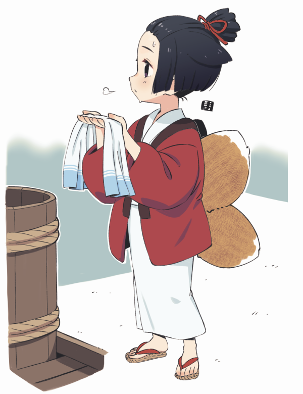 1girl animal_ears black_hair brown_eyes brown_footwear closed_mouth commentary_request forehead fox_ears fox_girl fox_tail full_body holding holding_towel japanese_clothes kimono kitsune kukuri_(mawaru) looking_to_the_side mawaru_(mawaru) open_clothes original sandals solo standing tail towel wet white_kimono zouri