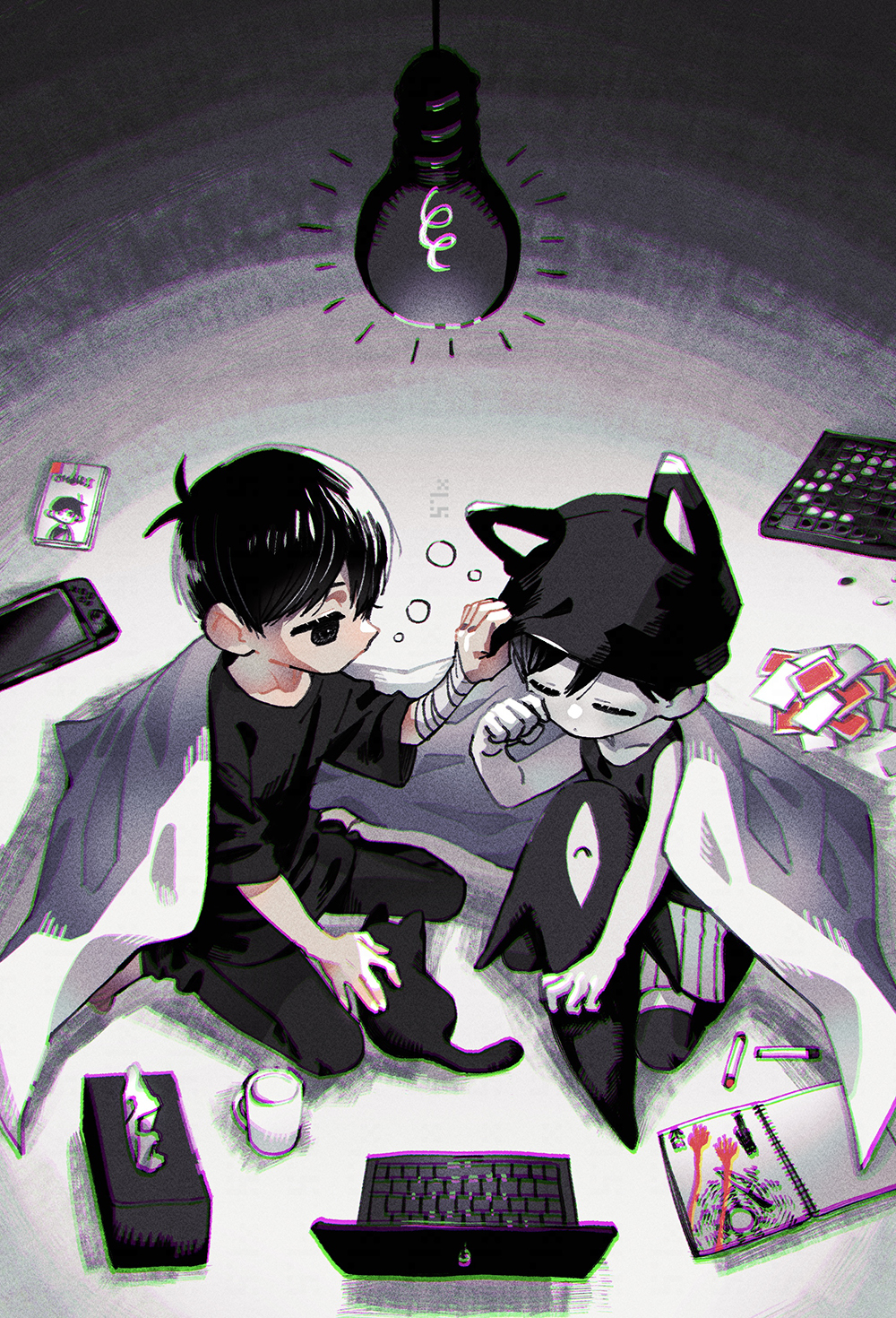 2boys animal_hat antenna_hair bandaged_arm bandages black_cat black_eyes black_hair black_headwear black_pants black_shirt black_tank_top black_thighhighs card cat cat_hat checkers_piece chessboard child chromatic_aberration closed_eyes colored_skin computer crayon cup drawing_(object) dual_persona expressionless from_above full_body hand_on_another's_headwear hand_on_headwear hand_up hat highres indoors laptop looking_at_another male_focus mug multiple_boys nintendo_switch omori omori_(omori) on_floor pants playing_card rubbing_eyes shared_blanket shirt short_hair short_sleeves shorts sitting sketchbook sleep_bubble sleepy something_(omori) striped_clothes striped_shorts sunny_(omori) t-shirt tank_top thighhighs tissue_box toastytoast under_covers wariza white_shorts white_skin