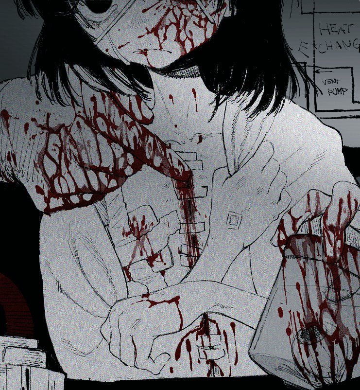1girl bleeding blood blood_from_eyes bloodshot_eyes close-up expressionless flat_chest gauze guro hospital_gown jar looking_at_viewer medium_hair original red_hod solo spot_color surgical_scar