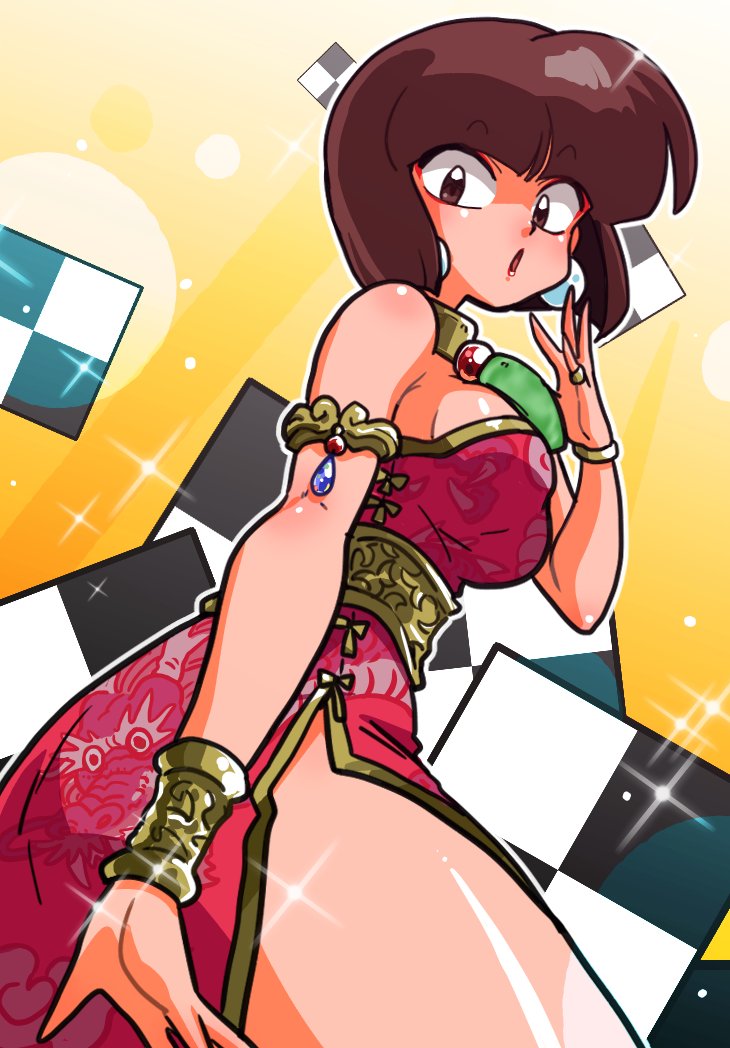 1girl arm_at_side blunt_bangs blunt_ends bob_cut breasts brown_eyes brown_hair china_dress chinese_clothes commentary cowboy_shot dragon_print dress from_below from_side gold_armlet gold_bracelet gold_necklace gold_ring hand_up jewelry looking_at_viewer looking_down looking_to_the_side medium_breasts necklace open_mouth pink_shirt ranma_1/2 shirt short_hair side_slit sleeveless sleeveless_dress solo sparkle square tendou_nabiki wanta_(futoshi) yellow_background