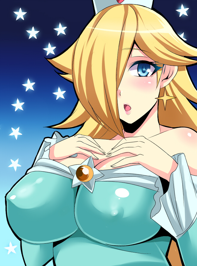 :o blonde_hair blue_eyes breast_suppress breasts covered_nipples earrings jewelry large_breasts long_hair looking_at_viewer mario_(series) megane_man rosetta_(mario) solo star star-shaped_pupils super_mario_bros. super_mario_galaxy symbol-shaped_pupils upper_body