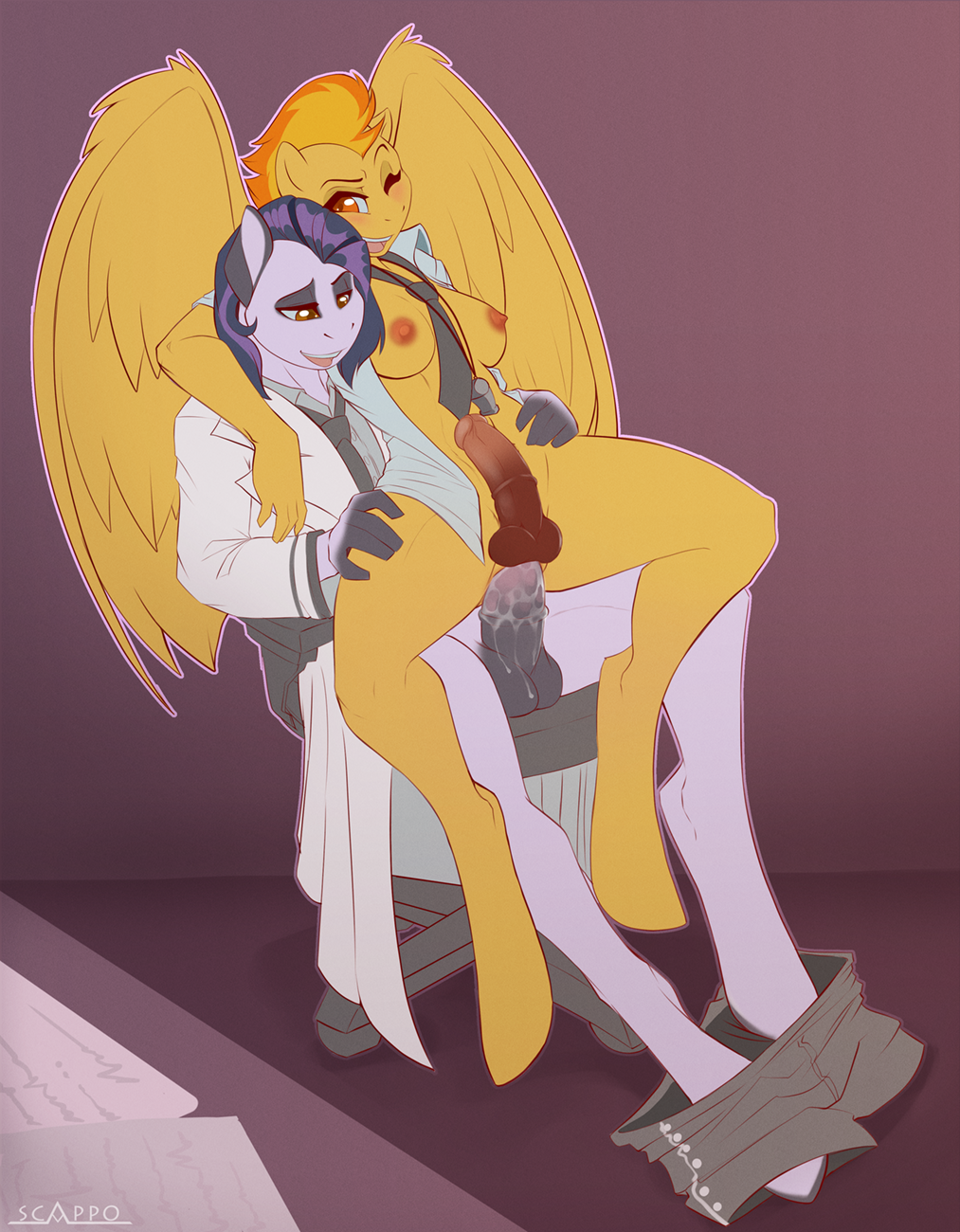 anthro anthrofied balls blush bottomless breasts clothing cum duo equine friendship_is_magic group herm herm_on_male intersex male mammal my_little_pony necktie nipples one_eye_closed open_mouth original_character pegasus penis pussy scappo sex sitting spitfire_(mlp) whistle wings wonderbolts_(mlp)