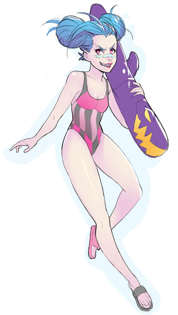 alternate_hair_length alternate_hairstyle bandaid bandaid_on_nose blue_hair braid double_bun greenmarine grin jinx_(league_of_legends) league_of_legends long_hair missile one-piece_swimsuit pink_eyes sandals short_hair smile solo swimsuit twin_braids updo