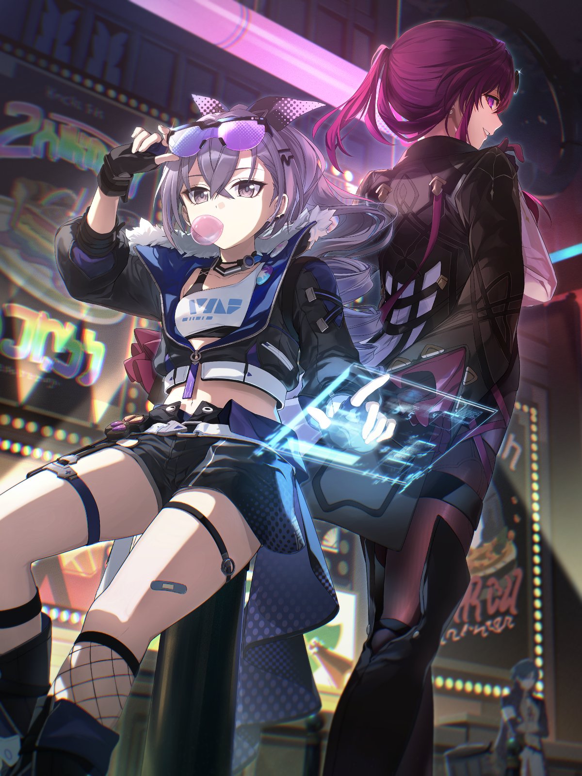 1boy 2girls bandages_over_clothes bandaid bandaid_on_leg black_gloves blade_(honkai:_star_rail) breasts chewing_gum chinese_clothes coat coat_on_shoulders crossed_arms fingerless_gloves fishnets fur-trimmed_jacket fur_trim gloves goggles goggles_on_head grey_eyes grey_hair highres honkai:_star_rail honkai_(series) jacket kafka_(honkai:_star_rail) mm_(motot) multiple_girls purple_eyes purple_hair screen silver_wolf_(honkai:_star_rail) sitting small_breasts smile standing white_sleeves