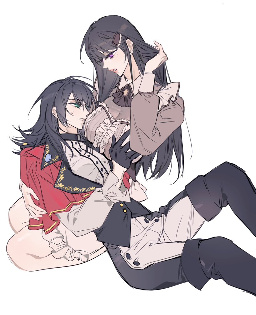 2girls ascot bang_dream! bang_dream!_it's_mygo!!!!! black_ascot black_footwear black_gloves black_hair blush boots breasts capelet cleavage earrings gloves green_eyes grey_shirt hair_ornament hair_tucking hairclip jewelry lap_pillow large_breasts long_hair long_sleeves looking_at_another m_omoo multiple_girls pants purple_eyes red_capelet see-through see-through_cleavage seiza shiina_taki shirt simple_background sitting small_breasts sweatdrop thigh_boots white_background white_pants white_shirt yahata_umiri