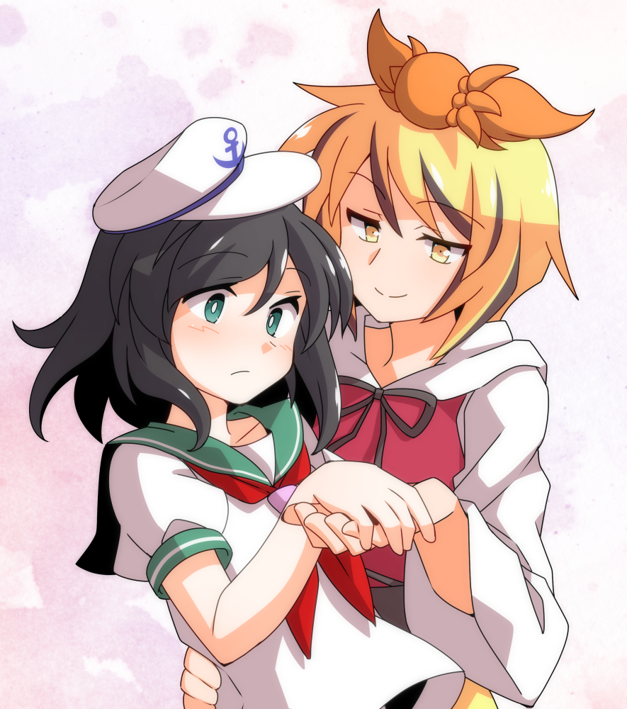2girls anchor_symbol black_hair black_ribbon blonde_hair blouse blush bright_pupils cel_shading closed_mouth commentary_request commission dairi dress green_eyes green_sailor_collar hair_ornament hand_on_another's_back hat holding_hands long_sleeves looking_at_another multiple_girls murasa_minamitsu neck_ribbon neckerchief puffy_short_sleeves puffy_sleeves red_dress red_neckerchief ribbon sailor_collar sailor_hat shirt short_hair short_sleeves skeb_commission smile split_mouth toramaru_shou touhou upper_body white_headwear white_pupils white_shirt white_sleeves yellow_eyes yuri