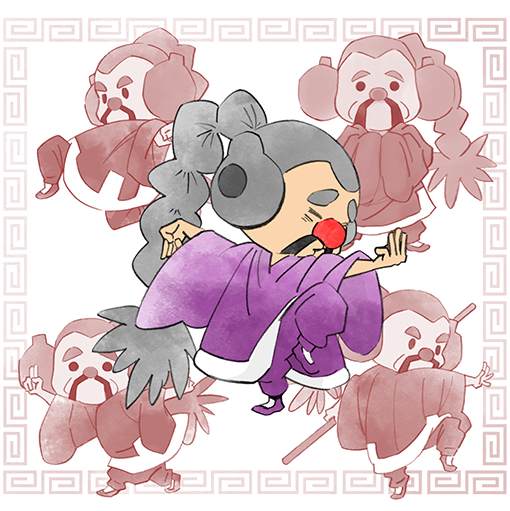 1boy black_eyes chinese_clothes facial_hair fighting_stance grey_hair long_hair martial_arts master_mantis multiple_views mustache official_art old old_man pants purple_footwear purple_pants red_nose takeuchi_kou third-party_source warioware warioware:_get_it_together!