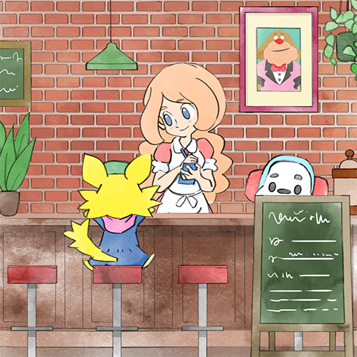 1girl 2boys apron bar_stool blue_eyes brick_wall chalkboard counter furry furry_male hanging_plant joe_(warioware) long_hair mona_(warioware) multiple_boys official_art orange_hair plant portrait_(object) spitz stool takeuchi_kou third-party_source waitress warioware warioware:_get_it_together! white_apron yellow_fur