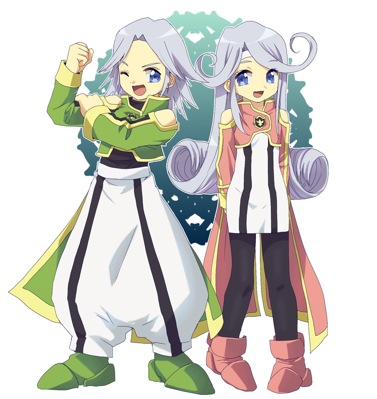 1boy 1girl black_pantyhose blue_eyes brother_and_sister dio_(tales) full_body grey_hair headband long_hair looking_at_viewer mel_(tales) murata_tefu open_mouth pantyhose siblings smile tales_of_(series) tales_of_phantasia tales_of_phantasia:_narikiri_dungeon_x white_hair