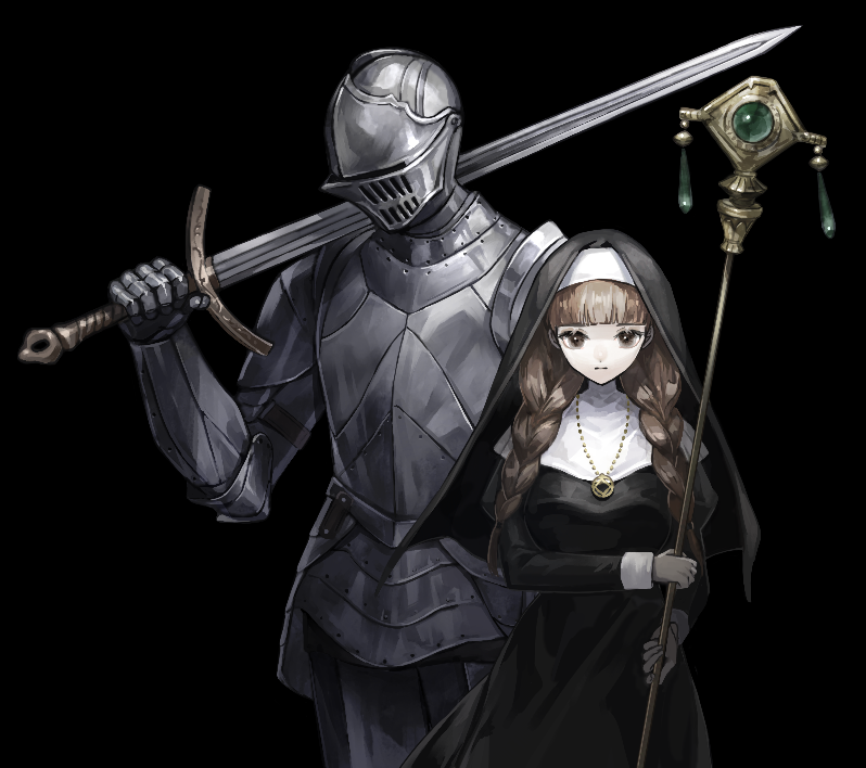 1girl 1other :| ambiguous_gender armor black_background black_dress blunt_bangs braid breastplate brown_eyes brown_hair capelet closed_mouth couter cowboy_shot cuisses dress expressionless faulds full_armor gauntlets habit helm helmet holding holding_staff holding_sword holding_weapon jewelry kao_o0 long_hair looking_at_viewer nun official_art over_shoulder pauldrons pendant plate_armor shoulder_armor simple_background staff standing sword twin_braids weapon weapon_over_shoulder white_capelet withtemarg_meikyuu_zanka