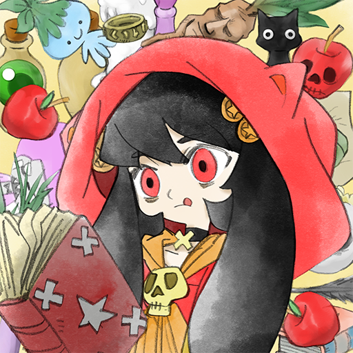 1girl animal_ear_hood apple ashley_(warioware) black_cat black_choker black_hair book cat choker food fruit hair_ornament holding holding_book hood hoodie long_hair official_art red_eyes red_hoodie skull_ornament takeuchi_kou third-party_source tongue tongue_out warioware warioware:_get_it_together!