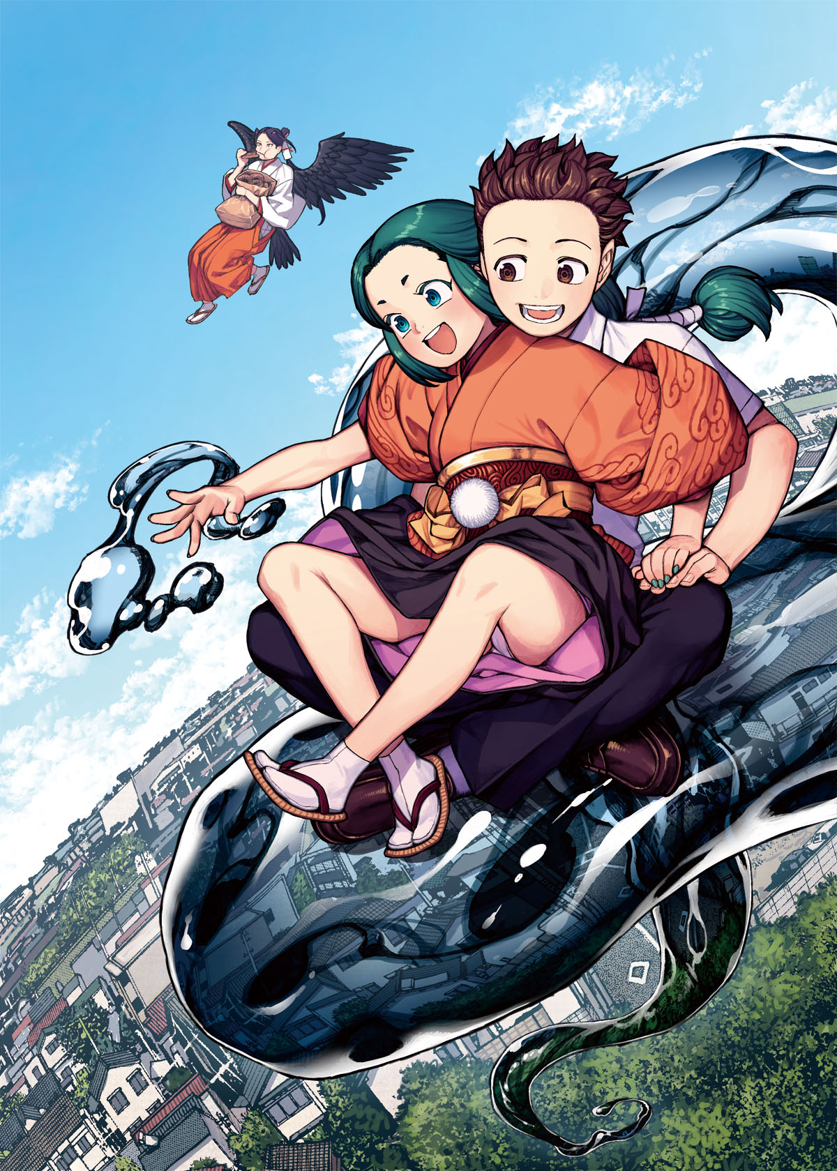 1boy 2girls black_hair black_wings blue_sky bread brown_eyes brown_hair closed_mouth cover cover_page day eating feathered_wings flip-flops flying food green_hair hakama hamada_yoshikazu highres japanese_clothes kagami_kazuya kokuyou_(tsugumomo) kukuri_(tsugumomo) long_hair long_sleeves magic manga_cover miko monster multiple_girls official_art open_mouth outdoors panties red_hakama sandals shirt short_hair sky socks tsugumomo underwear water white_panties white_shirt white_socks wings