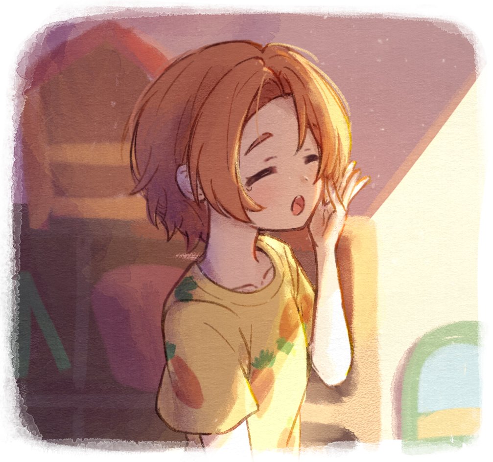 1girl border brown_hair carrot_print child closed_eyes collarbone commentary food_print hageringo hand_on_own_cheek hand_on_own_face idolmaster idolmaster_cinderella_girls light_rays open_mouth pajamas parted_bangs print_shirt ryuzaki_kaoru shelf shirt short_hair short_sleeves solo tears teeth upper_body upper_teeth_only waking_up white_border yawning yellow_pajamas yellow_shirt