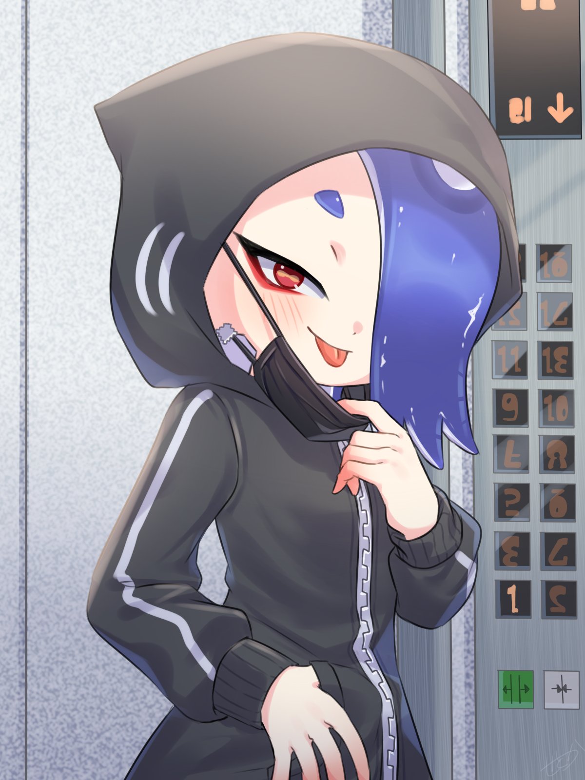 1girl :p amakusa_setoka arrow_(symbol) asymmetrical_hair black_hoodie black_mask blue_hair blush cephalopod_eyes closed_mouth commentary_request earrings elevator eyeliner hair_over_one_eye hand_up highres hood hood_up hoodie indoors jewelry long_sleeves looking_at_viewer makeup mask mask_pull medium_hair mouth_mask one_eye_covered pocket red_eyeliner red_eyes shiver_(splatoon) short_eyebrows smile solo splatoon_(series) splatoon_3 suction_cups tentacle_hair thumb_in_pocket tongue tongue_out zipper