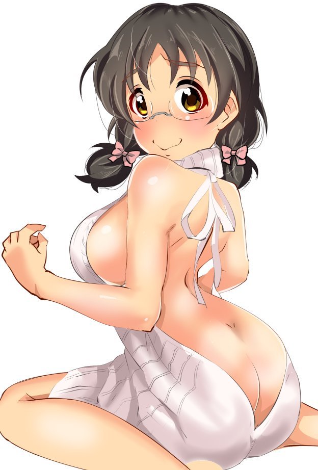1girl asano_fuka ass back backless_dress backless_outfit bare_back bare_shoulders black_hair blush bow breasts brown_eyes dot_nose dress from_behind glasses gorohati hair_bow hair_ribbon halterneck hand_up idolmaster idolmaster_cinderella_girls idolmaster_cinderella_girls_starlight_stage large_breasts looking_at_viewer low_twintails meme_attire naked_sweater pink_ribbon ribbed_sweater ribbon short_hair shy sideboob simple_background sitting sleeveless sleeveless_sweater sleeveless_turtleneck smile solo sweater sweater_dress turtleneck turtleneck_sweater twintails virgin_killer_sweater wariza wavy_mouth white_background white_sweater