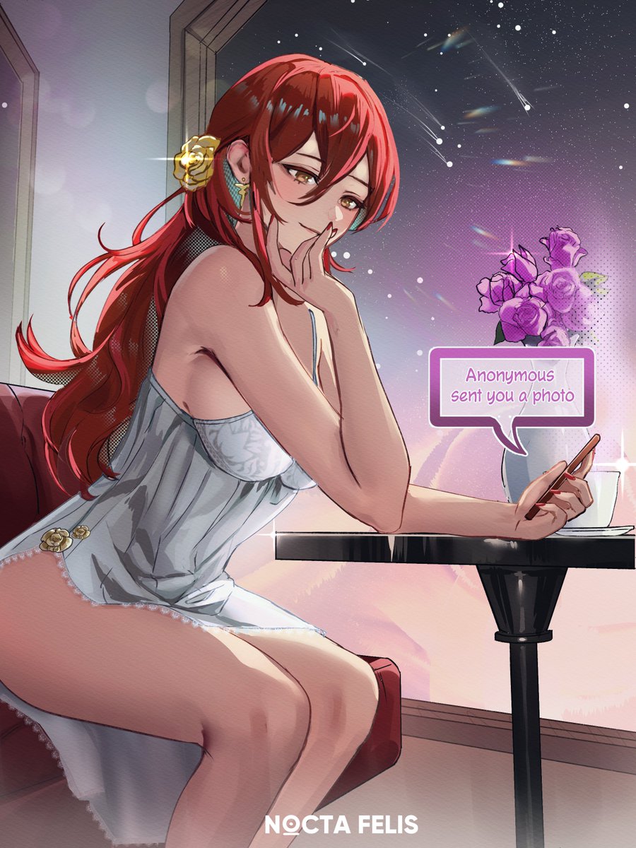 1girl bare_arms bare_shoulders breasts cellphone commentary cup feet_out_of_frame flower hand_up highres himeko_(honkai:_star_rail) holding holding_phone honkai:_star_rail honkai_(series) indoors long_hair medium_breasts nocta_felis phone purple_flower purple_rose red_hair rose sitting smartphone smile solo thighs vase very_long_hair yellow_eyes