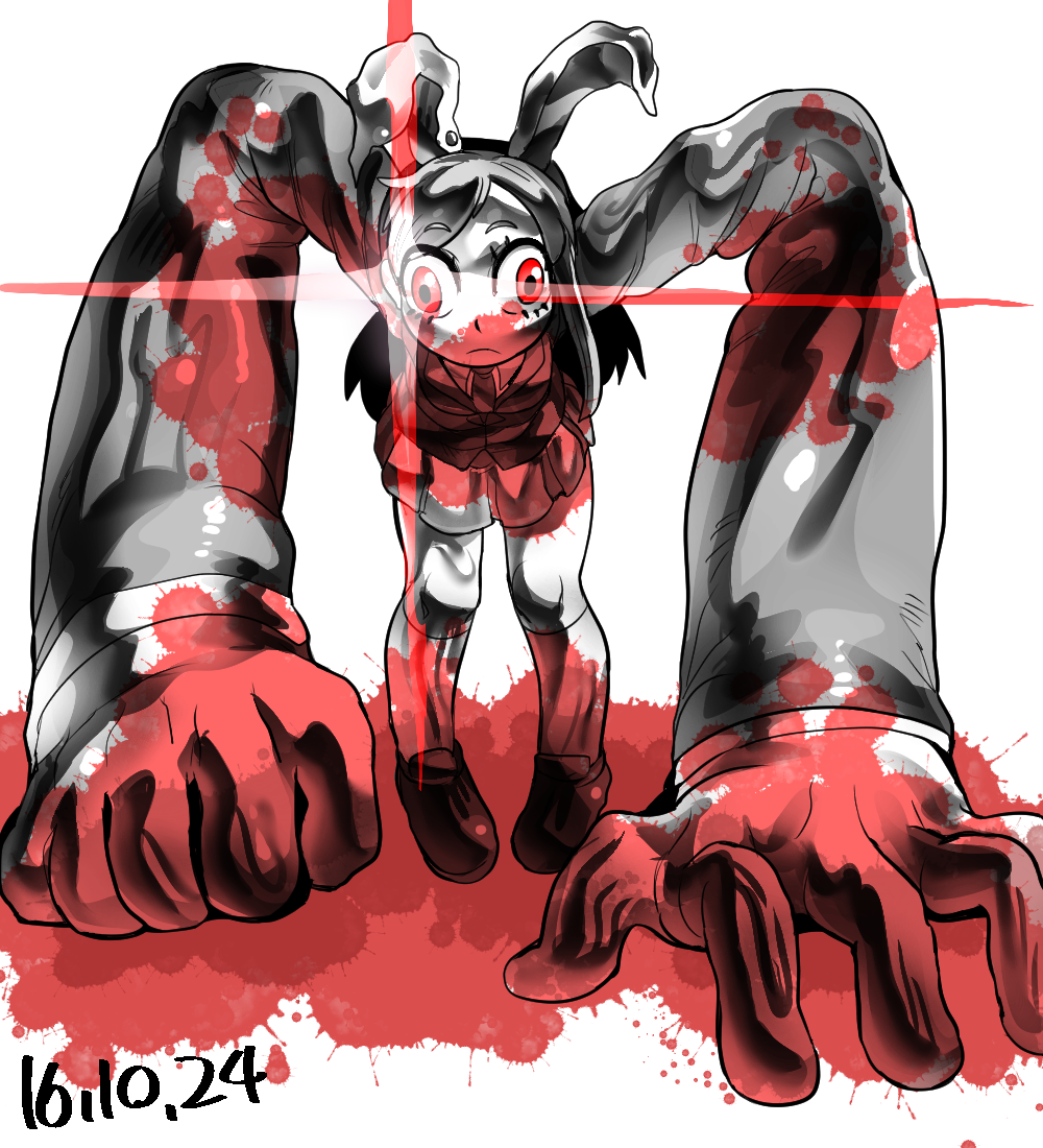 1girl animal_ears blazer blood blood_on_clothes blood_on_face blood_splatter closed_mouth commentary_request cookie_(touhou) dated frown full_body glint hisui_(cookie) jacket leaning_forward loafers long_arms long_hair medium_bangs metal_hisui_(cookie) metal_skin necktie rabbit_ears rabbit_girl red_eyes reisen_udongein_inaba shoes socks solo swept_bangs tetugakuzonbi touhou transparent_background wall-eyed