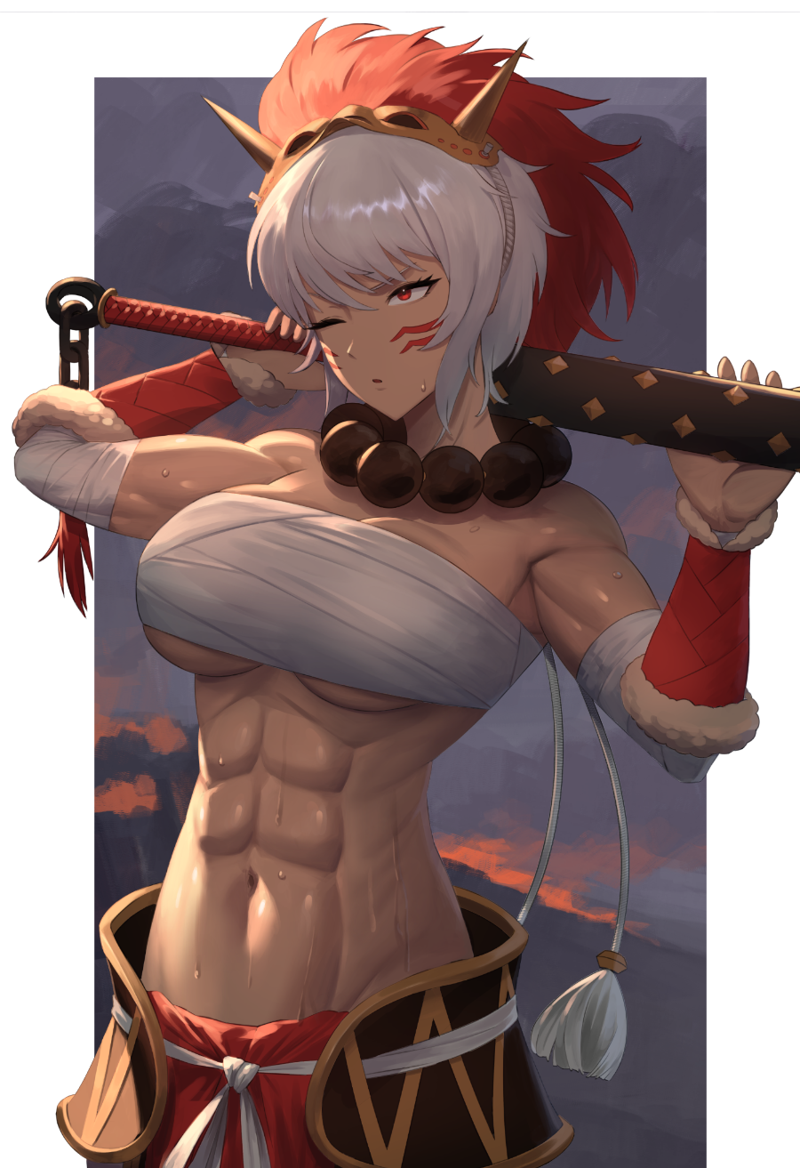 1girl abs arm_warmers bandaged_arm bandages bandeau breasts chest_sarashi cleavage club_(weapon) dark-skinned_female dark_skin facial_mark fire_emblem fire_emblem_fates grey_hair head_tilt highres holding holding_club holding_weapon kanabou large_breasts mask mask_on_head midriff muscular muscular_female navel one_eye_closed red_eyes rinkah_(fire_emblem) sarashi short_hair shou_illust solo stomach strapless tube_top underboob upper_body weapon whisker_markings