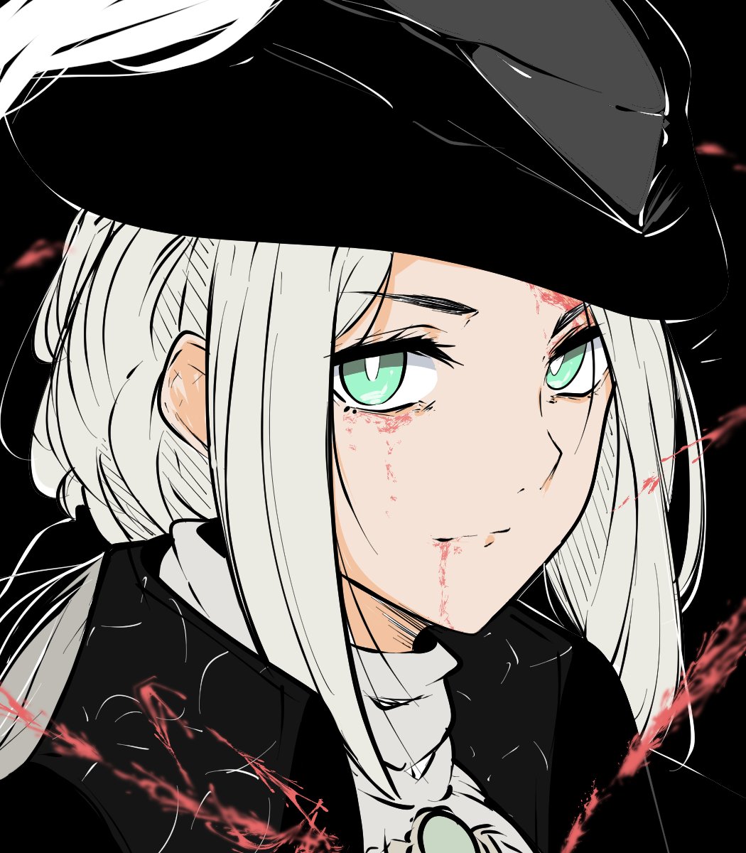 1girl black_coat black_headwear blood blood_on_face bloodborne bright_pupils closed_mouth coat english_commentary green_eyes hat highres lady_maria_of_the_astral_clocktower looking_at_viewer ponytail portrait sidelocks simple_background smile solo tavi_(hosheezus) tricorne white_hair white_pupils
