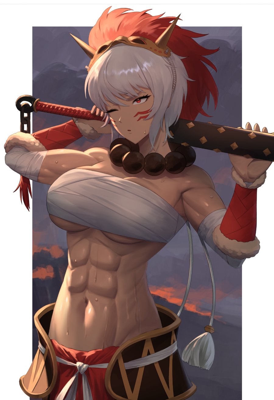 1girl abs arm_warmers bandaged_arm bandages bandeau breasts chest_sarashi cleavage club_(weapon) commentary dark_skin facial_mark fire_emblem fire_emblem_fates grey_hair head_tilt highres holding holding_club holding_weapon kanabou large_breasts mask mask_on_head midriff navel one_eye_closed red_eyes rinkah_(fire_emblem) sarashi short_hair shou_illust solo stomach strapless tube_top upper_body weapon whisker_markings