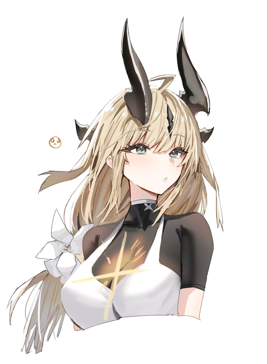 1girl ahoge aqua_eyes arknights black_bodysuit blonde_hair bodysuit breasts cleavage closed_mouth commentary_request dragon_girl dragon_horns emoji flower highres horn/wood horns light_in_heart looking_ahead low_ponytail medium_breasts multiple_horns pleading_face_emoji reed_(arknights) see-through see-through_cleavage shirt short_sleeves simple_background solo upper_body white_background white_flower white_shirt