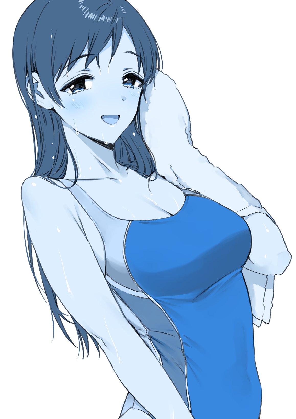 1girl blue_theme blush breasts cleavage collarbone competition_swimsuit dutch_angle goshiki_suzu highres holding holding_towel idolmaster idolmaster_cinderella_girls long_hair looking_at_viewer medium_breasts monochrome nitta_minami one-piece_swimsuit simple_background smile solo straight_hair swimsuit towel upper_body very_long_hair wet wet_hair white_background