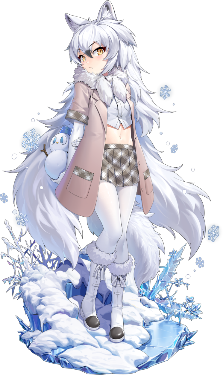 1girl animal_ear_fluff animal_ears arctic_wolf_(kemono_friends) arms_behind_back blush boots breasts brown_coat coat fang full_body fur-trimmed_boots fur_trim game_cg gloves hair_between_eyes highres holding_own_arm holding_snowman kemono_friends_kingdom long_hair looking_at_viewer midriff navel official_art open_clothes open_coat pantyhose plaid plaid_skirt pleated_skirt skirt small_breasts snow snowflakes solo tail third-party_source transparent_background very_long_hair white_gloves white_hair white_pantyhose wolf_ears wolf_girl wolf_tail yellow_eyes