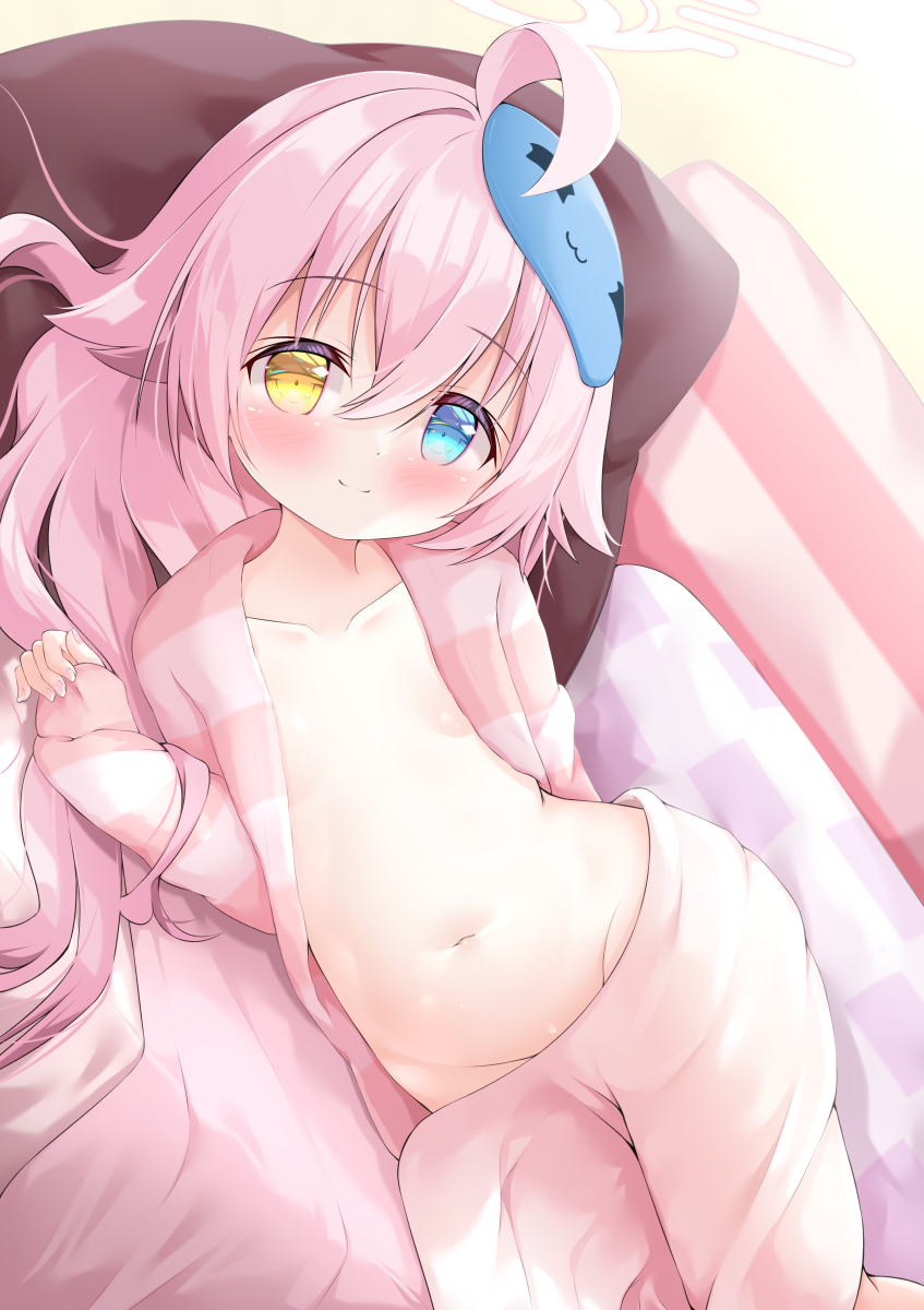 1girl ahoge blanket blue_archive blue_eyes blush breasts closed_mouth collarbone commentary_request feet_out_of_frame groin hair_between_eyes halo heterochromia highres hoshino_(blue_archive) jacket long_hair long_sleeves looking_at_viewer navel open_clothes open_jacket pillow pinching_sleeves puffy_long_sleeves puffy_sleeves renew_vivi sleeves_past_wrists small_breasts smile solo striped_clothes striped_jacket under_covers very_long_hair yellow_eyes