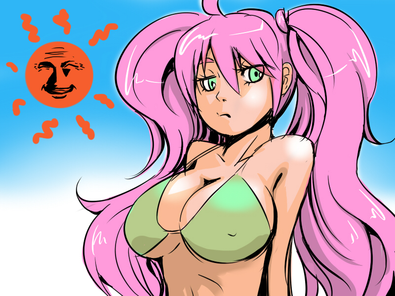 ahoge bikini_top breasts cleavage green_eyes large_breasts long_hair mushihime-sama purple_hair reco solo strap_gap sun twintails underboob urujika