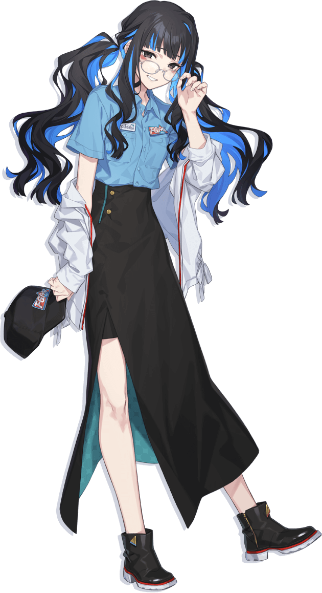 1girl adjusting_eyewear black_footwear black_hair blue_hair blue_shirt colored_inner_hair fate/grand_order fate_(series) glasses hand_on_eyewear hat jacket looking_at_viewer multicolored_hair official_art round_eyewear saitou_hiroki shirt skirt smile solo tenochtitlan_(fate) transparent_background twintails white_jacket