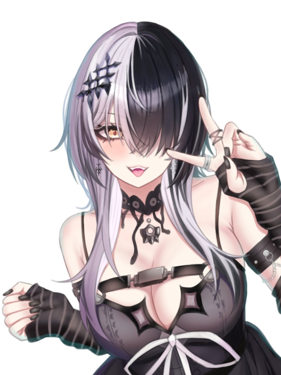 1girl :p alternate_hairstyle black_choker black_dress black_hair black_nails blush breast_strap breasts choker cleavage cross cross_earrings crossed_bangs dress earrings fingernails grey_hair hair_ornament hair_over_one_eye highres hololive hololive_english jewelry lace lace_choker large_breasts long_bangs long_fingernails long_hair looking_at_viewer multicolored_hair multiple_rings nail_polish one_eye_covered ring shiori_novella shiori_novella_(1st_costume) simple_background sleeveless sleeveless_dress solo split-color_hair striped_arm_warmers tongue tongue_out tsukki1029 two-tone_hair upper_body v virtual_youtuber white_background yellow_eyes