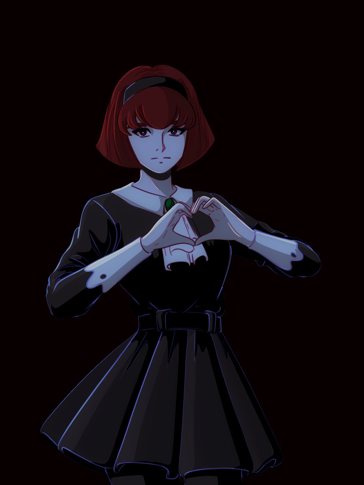 1girl ascot black_dress black_eyes black_hairband bob_cut bright_pupils dress expressionless hairband heart heart_hands highres long_sleeves looking_at_viewer megadeus_mommy pale_skin r_dorothy_wayneright red_hair short_hair solo the_big_o