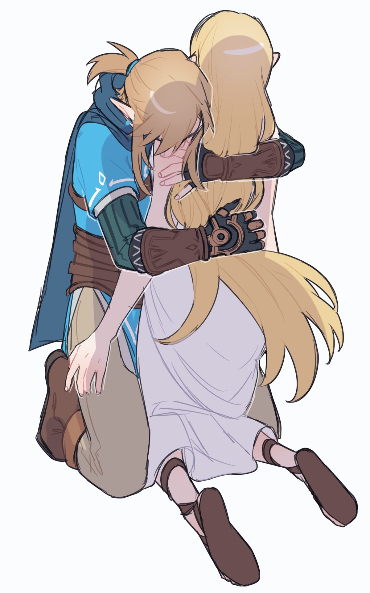 1boy 1girl blonde_hair blue_cape blue_shirt brown_footwear brown_pants cape dress gloves highres hug kneeling link long_hair medium_hair oshinomiya pants ponytail princess_zelda shirt sidelocks simple_background the_legend_of_zelda the_legend_of_zelda:_breath_of_the_wild white_background white_dress