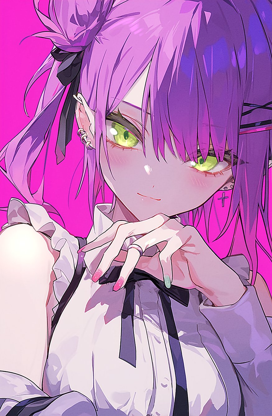 1girl blush breasts bubu2kufo close-up collared_shirt earrings frilled_shirt frilled_sleeves frills green_nails hair_ornament highres hololive jewelry looking_at_viewer pink_background pink_nails purple_hair shirt short_sleeves small_breasts smile solo tokoyami_towa twintails x_hair_ornament