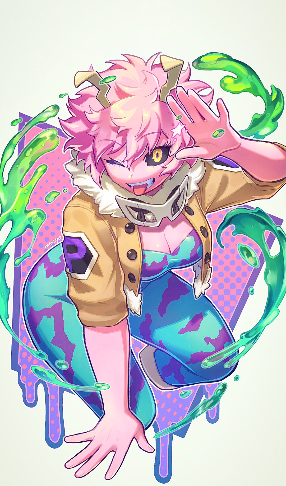 1girl artist_name ashido_mina black_sclera blue_bodysuit bodysuit boku_no_hero_academia breasts brown_eyes brown_jacket cleavage colored_sclera colored_skin cropped_jacket goggles goggles_around_neck highres horns jacket large_breasts mecyo_(mamezurushiki) one_eye_closed open_clothes open_jacket pink_hair pink_skin short_hair solo tongue tongue_out