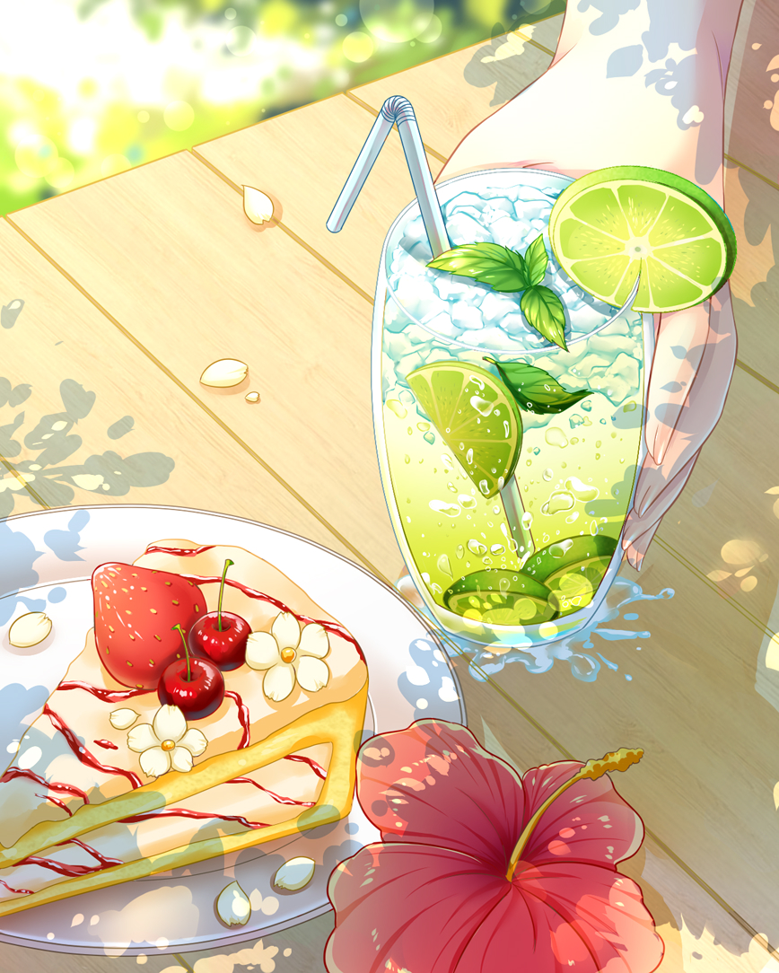 bendy_straw blurry blurry_background cake cake_slice cherry cup day drink drinking_glass drinking_straw flower food food_focus fruit garnish glass hibiscus ice leaf lens_flare lime_(fruit) lime_slice luan_tang original outdoors petals plate red_flower strawberry summer sunlight syrup table white_flower