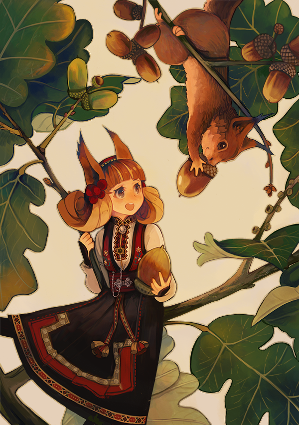1girl acorn animal animal_ears dress feet_out_of_frame grey_eyes hair_ornament holding holding_acorn in_tree leaf light_brown_hair long_hair long_sleeves natsumika open_mouth original outdoors plant sitting sitting_on_branch solo squirrel tree