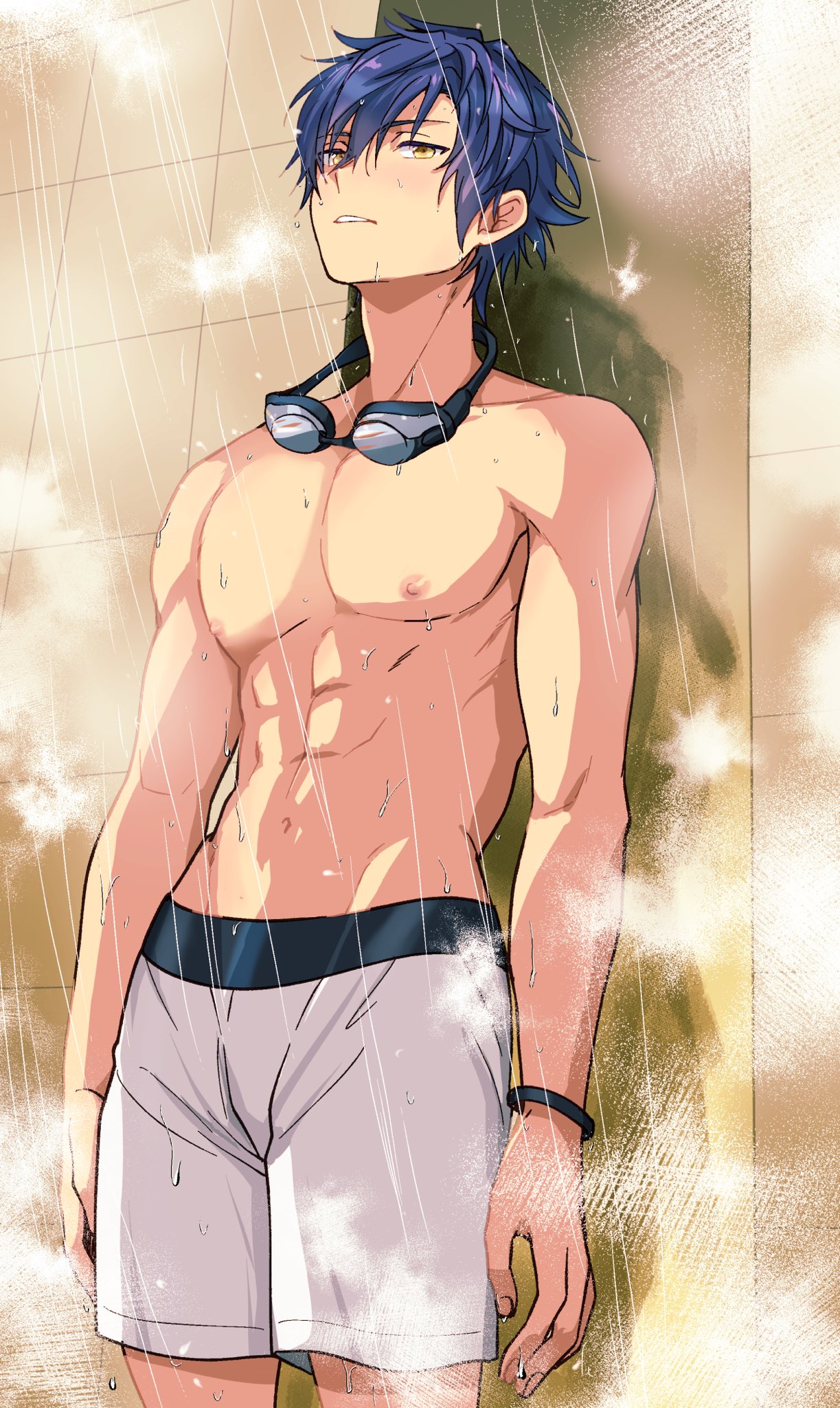 1boy abs bathroom blue_hair ensemble_stars! goggles goggles_around_neck hair_between_eyes highres light_blush looking_up male_focus male_swimwear nipples parted_lips pectorals sazanami_jun short_hair shorts showering solo steam teeth toroi_(run01211) upper_body upper_teeth_only white_shorts wristband yellow_eyes