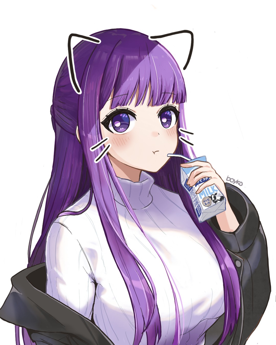 1girl alternate_costume black_jacket blunt_bangs boykoooo breasts fern_(sousou_no_frieren) highres jacket long_hair long_sleeves milk_carton purple_eyes purple_hair sousou_no_frieren sweater white_sweater