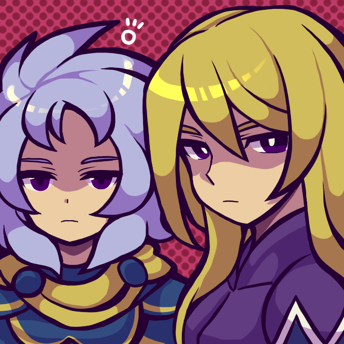2boys armor blonde_hair blue_armor blue_hair bright_pupils closed_mouth dissidia_final_fantasy expressionless final_fantasy kain_highwind kotorai long_hair looking_at_viewer multiple_boys pink_background polka_dot polka_dot_background purple_armor purple_eyes shaded_face upper_body warrior_of_light_(ff1) white_pupils
