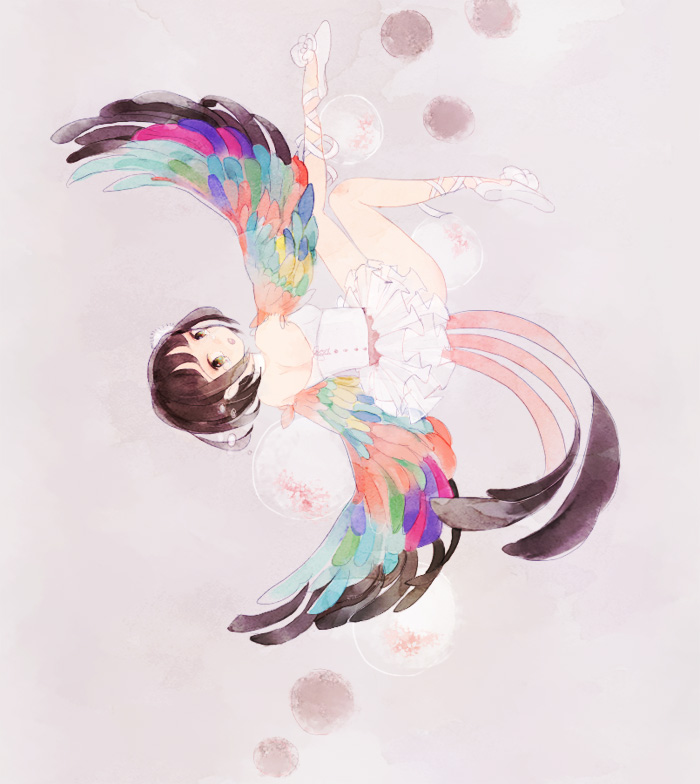 1girl :o back_cutout ballerina ballet_slippers bare_legs black_hair bob_cut clothing_cutout commentary_request dots dress exif_rotation feathered_wings floating frilled_dress frills full_body legs looking_at_viewer looking_back multicolored_wings open_mouth original pink_background short_hair solo umou white_dress white_footwear wings