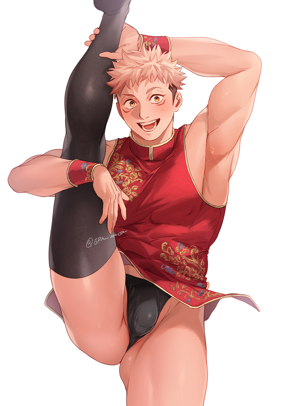 1boy bara black_male_underwear black_thighhighs blush brown_eyes bulge ccccc_(jpn_m0) clothing_cutout crossdressing dress facial_mark highres itadori_yuuji jujutsu_kaisen large_pectorals leg_up looking_at_viewer male_focus male_underwear muscular muscular_male open_mouth pectorals pink_hair red_dress short_dress short_hair simple_background smile solo split standing standing_on_one_leg standing_split thick_thighs thighhighs thighs thong undercut underwear wristband